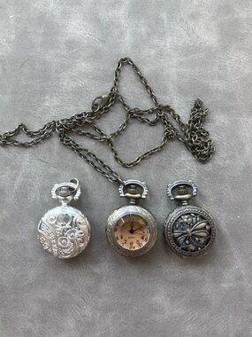 Vintage Pocket Watch Necklace set  - Floral and Dragonfly